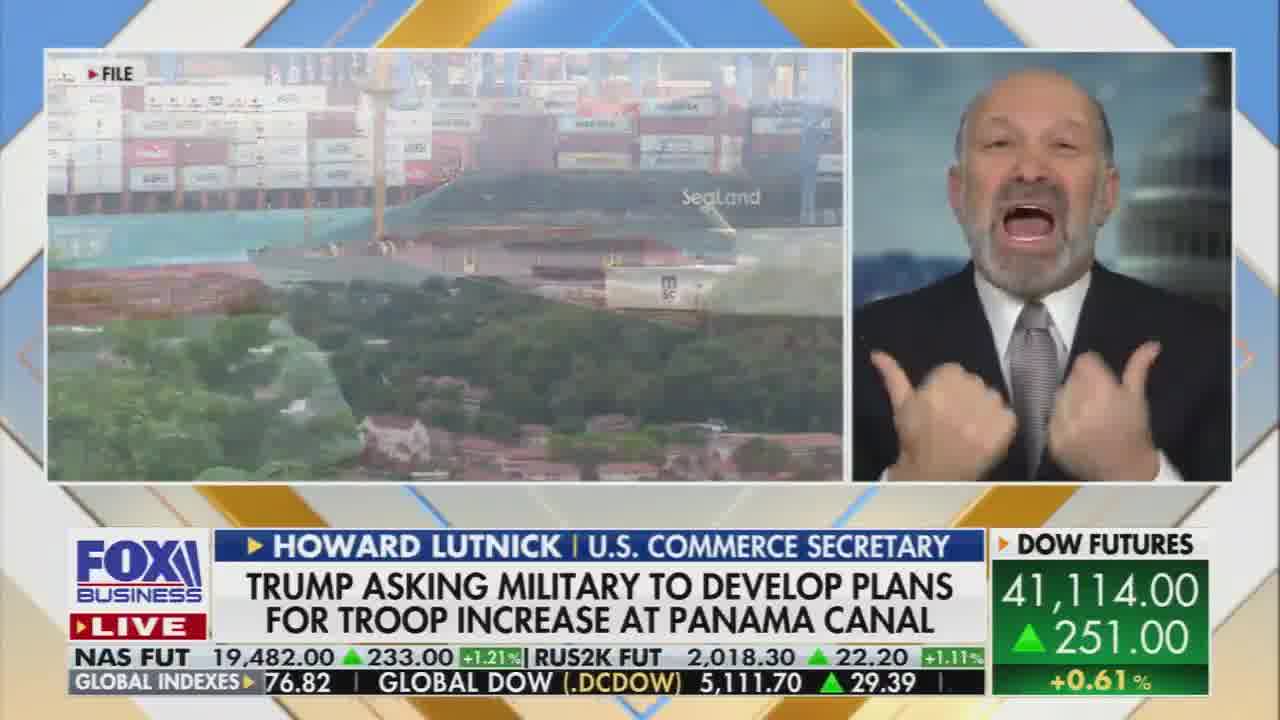 Lutnick: Donald Trump is saying the Panama Canal is fundamental to our security, and he's gonna take care of America. Now Greenland is much easier. We are a great democracy. Greenland is going to join America if the people of Greenland want to vote to join America.